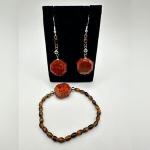 Fire agate stone, tigers eye in silver tone earrings and‎ stretch bracelet set!